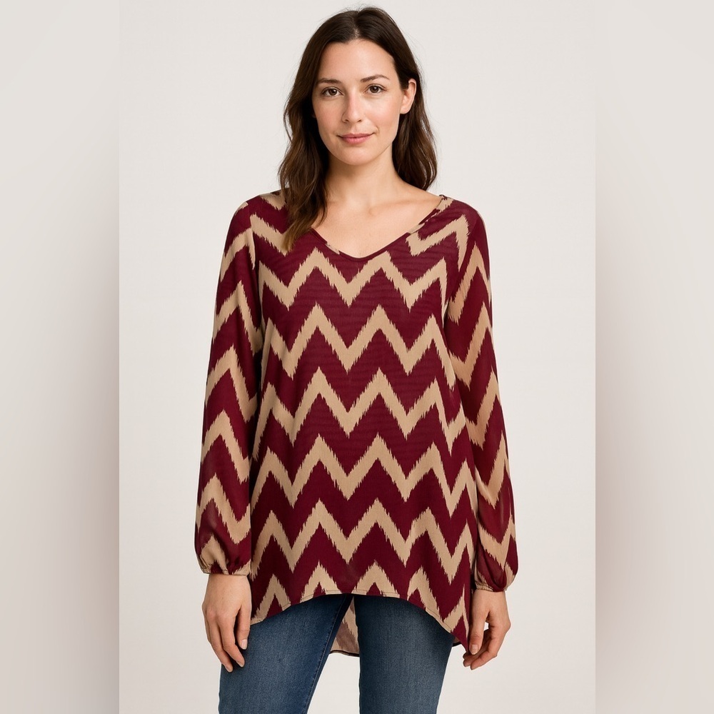 Charming Charlie Chevron Tunic Blouse Women’s Small | Burgundy Cream Boho